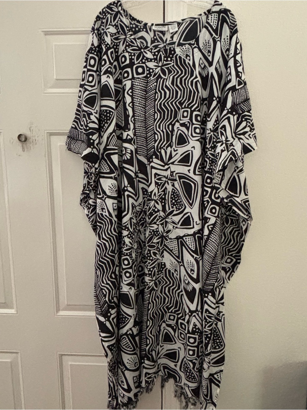 Vintage Black & White Geometric Print Kaftan Maxi Dress Fringe Hem One Size